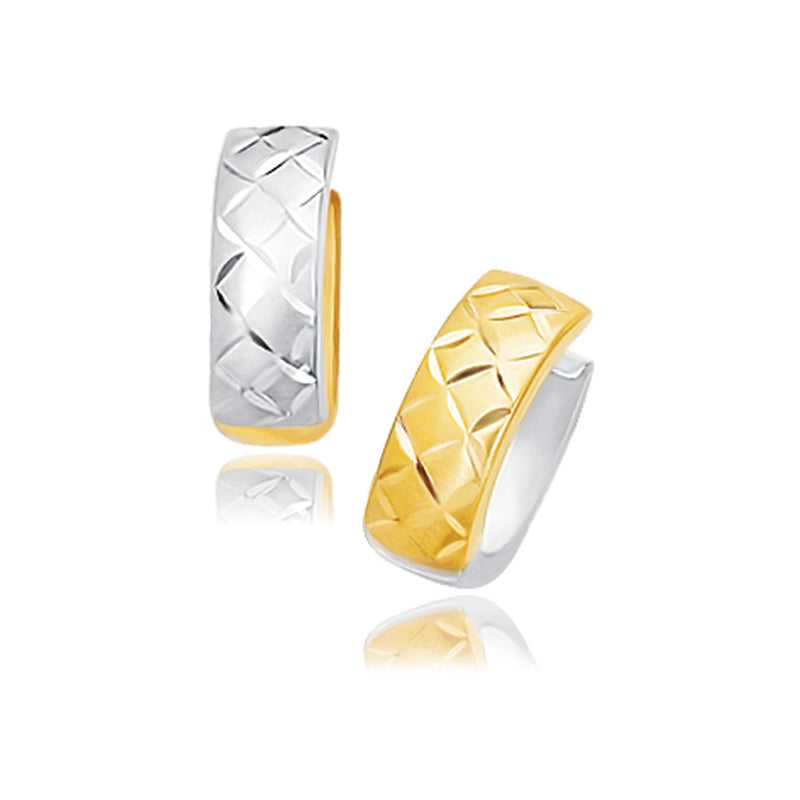 Bids.com 14k Two-Tone Gold Reversible Quilted Hinged Hoop Huggie Earrings Earrings White Smoke Two-Tone Gold