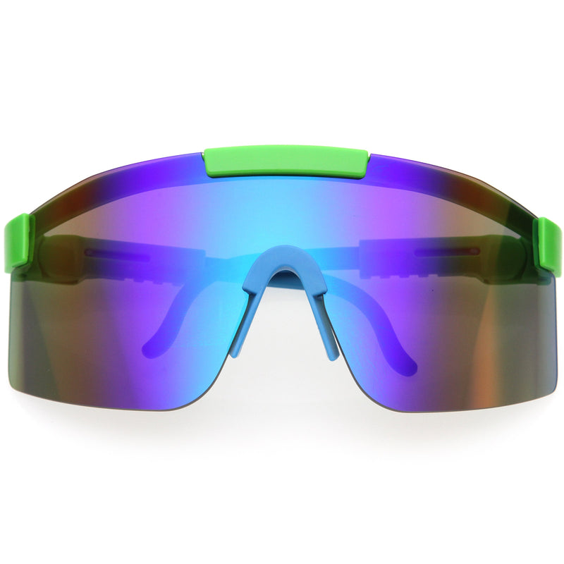 zeroUV Adjustable Futuristic Side Panel Cyberpunk Monoblock Shield Sunglasses D266 Sunglasses White Smoke Green / Blue Mirror