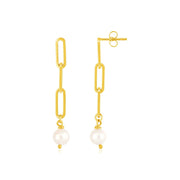 Bids.com 14k Yellow Gold Paperclip Chain Link Earrings with Pearls Earrings White Smoke Yellow Gold