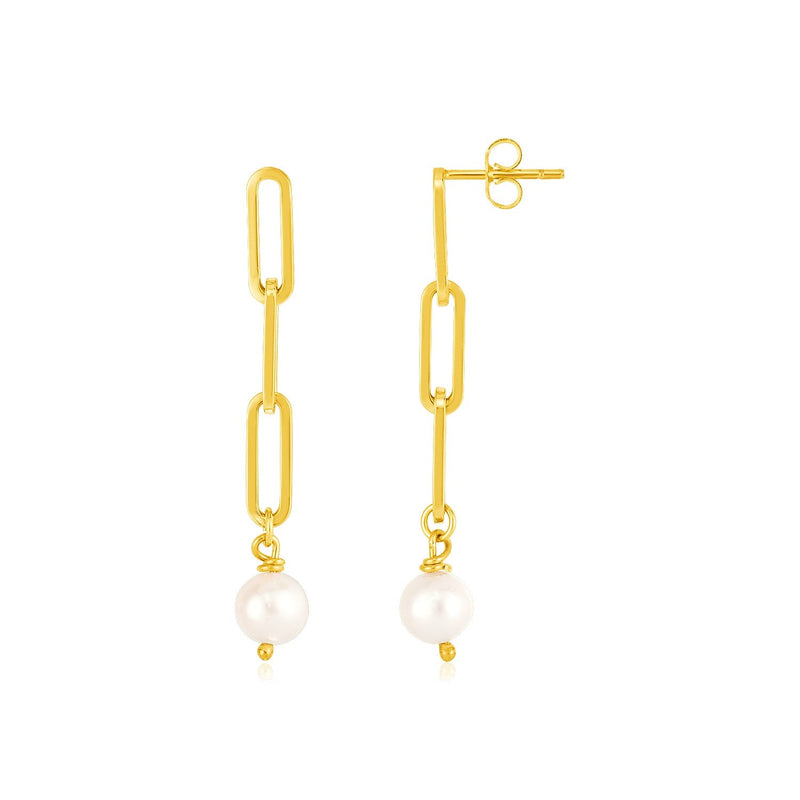 Bids.com 14k Yellow Gold Paperclip Chain Link Earrings with Pearls Earrings White Smoke Yellow Gold