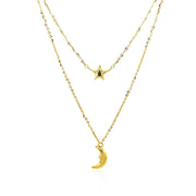 Bids.com 14k Yellow Gold Double-Strand Chain Necklace with Puff Moon and Star Necklaces White Smoke 18 / Yellow Gold