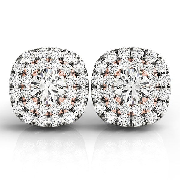 Bids.com 14k White and Rose Gold Cushion Shape Halo Diamond Earrings (3/4 cttw) Earrings Light Gray White & Rose Gold