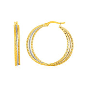 Bids.com Three Part Textured Hoop Earrings in 14k Yellow and White Gold Earrings White Smoke Two-Tone Gold