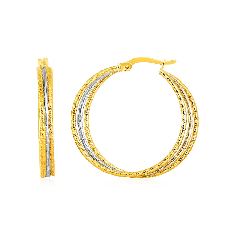 Bids.com Three Part Textured Hoop Earrings in 14k Yellow and White Gold Earrings White Smoke Two-Tone Gold