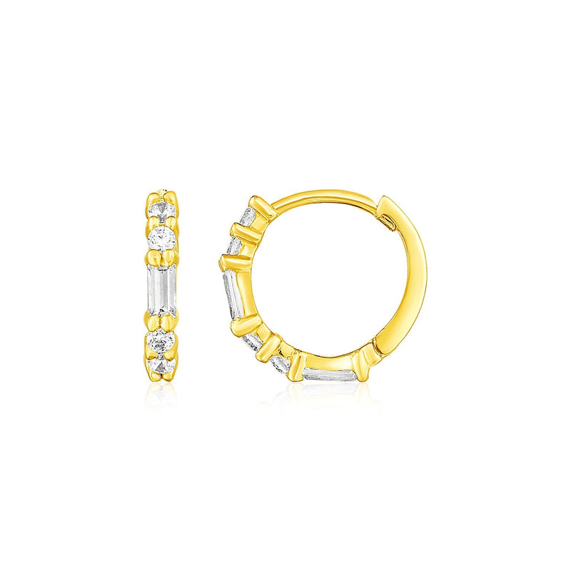 Bids.com 14k Yellow Gold Petite Hoop Earrings with Baguette Cubic Zirconias Earrings White Smoke Yellow Gold
