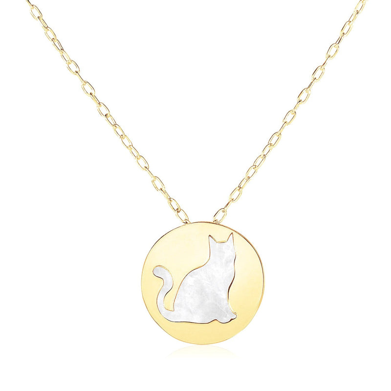Bids.com 14k Yellow Gold Necklace with Cat Symbol in Mother of Pearl Necklaces White Smoke 16 / Yellow Gold