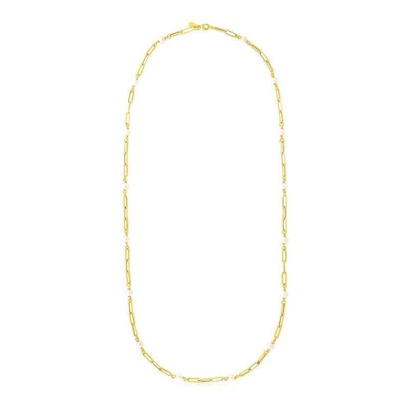 Bids.com 14k Yellow Gold Paperclip Chain and Pearl Necklace Necklaces White Smoke 24 / Yellow Gold