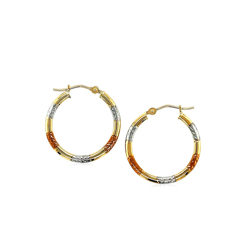 Bids.com 10k Tri-Color Gold Classic Hoop Earrings with Diamond Cut Details Earrings White Smoke Tri-Color Gold