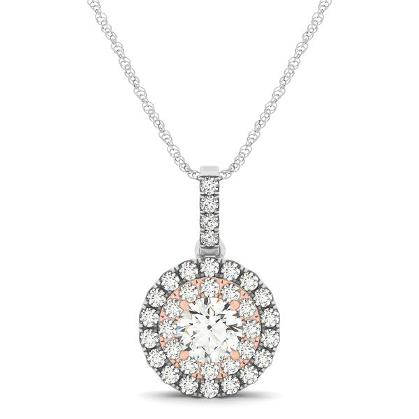 Bids.com Round Shape Halo Diamond Pendant in 14k White and Rose Gold (1/2 cttw) Necklaces White Smoke 18 / White & Rose Gold