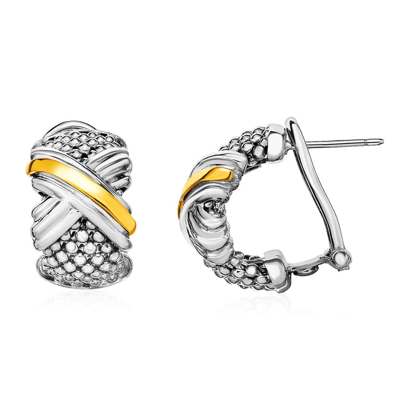 Bids.com Popcorn Texture Earrings with X Motif in Sterling Silver and 18k Yellow Gold Earrings White Smoke Yellow Gold & Sterling Silver