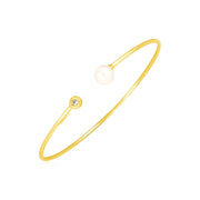 Bids.com 14k Yellow Gold Cuff Bangle with Pearl and Diamond Bracelets White Smoke Yellow Gold