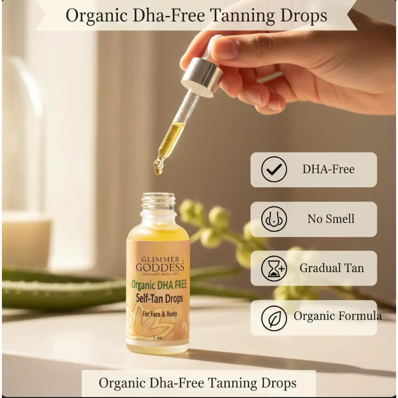 Glimmer Goddess® Organic Skin Care Organic DHA‑Free Tanning Drops – Gradual, No‑Odor Glow Self Tanner Antique White Lightly Scented,Unscented