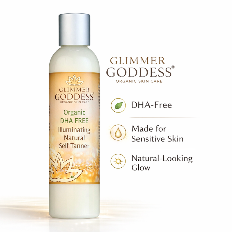Glimmer Goddess® Organic Skin Care DHA Free Self Tanner for Sensitive Skin – Glow Self Tanner White Smoke 8 oz – best for regular use / Regular — soft natural-looking glow / Lightly Scented – soft essential oil scent,8 oz – best for regular use / Regular — soft natural-looking glow / Unscented – great for extra-sensitive skin,8 oz – best for regular use / Dar