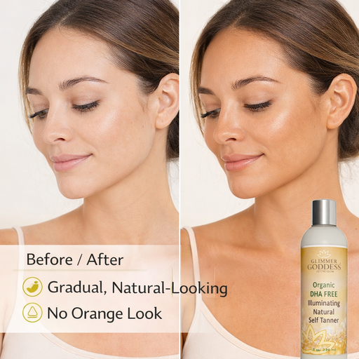 Glimmer Goddess® Organic Skin Care DHA Free Self Tanner for Sensitive Skin – Glow Self Tanner Tan 8 oz – best for regular use / Regular — soft natural-looking glow / Lightly Scented – soft essential oil scent,8 oz – best for regular use / Regular — soft natural-looking glow / Unscented – great for extra-sensitive skin,8 oz – best for regular use / Dar