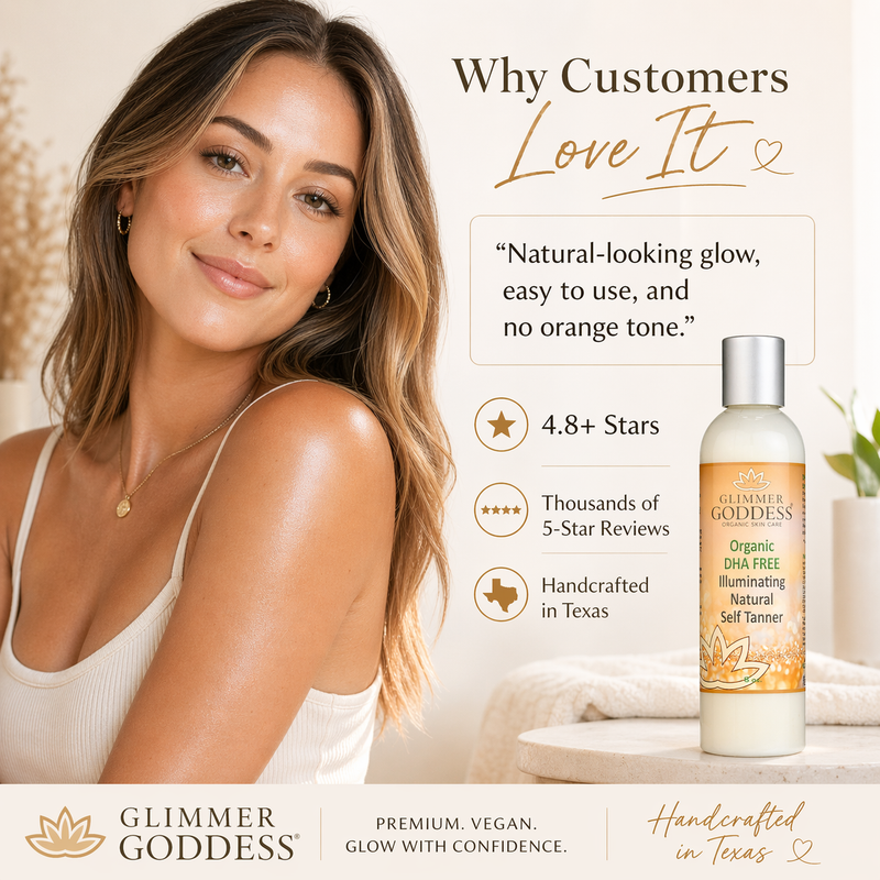 Glimmer Goddess® Organic Skin Care DHA Free Self Tanner for Sensitive Skin – Glow Self Tanner Misty Rose 8 oz – best for regular use / Regular — soft natural-looking glow / Lightly Scented – soft essential oil scent,8 oz – best for regular use / Regular — soft natural-looking glow / Unscented – great for extra-sensitive skin,8 oz – best for regular use / Dar