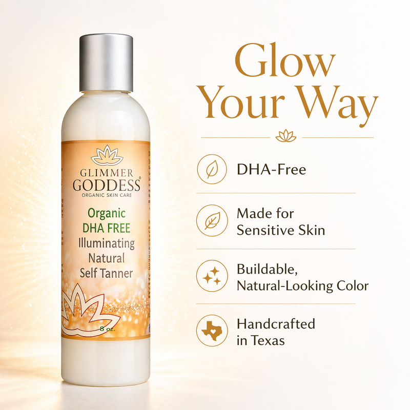Glimmer Goddess® Organic Skin Care DHA Free Self Tanner for Sensitive Skin – Glow Self Tanner White Smoke 8 oz – best for regular use / Regular — soft natural-looking glow / Lightly Scented – soft essential oil scent,8 oz – best for regular use / Regular — soft natural-looking glow / Unscented – great for extra-sensitive skin,8 oz – best for regular use / Dar
