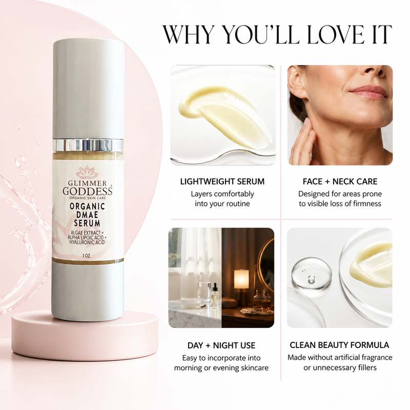 Glimmer Goddess® Organic Skin Care Organic DMAE Firming Serum – Natural Facelift Treatment Serums White Smoke 1 oz.