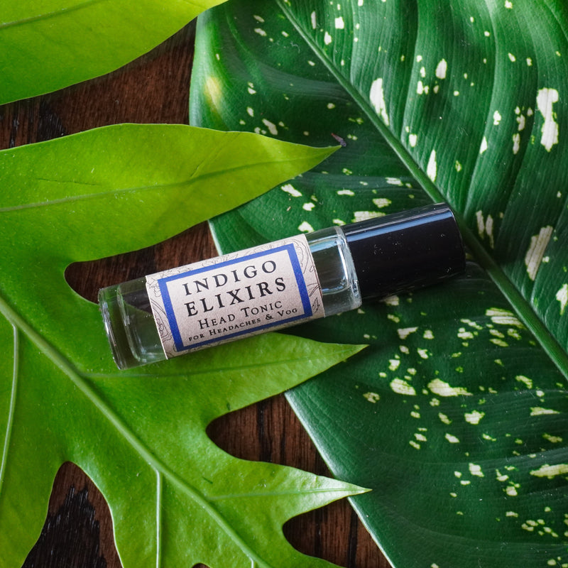 INDIGO ELIXIRS Head Tonic | for Headaches & Vog Aromatherapy Dark Green 0.3 oz roller,Mini 0.1 oz roller