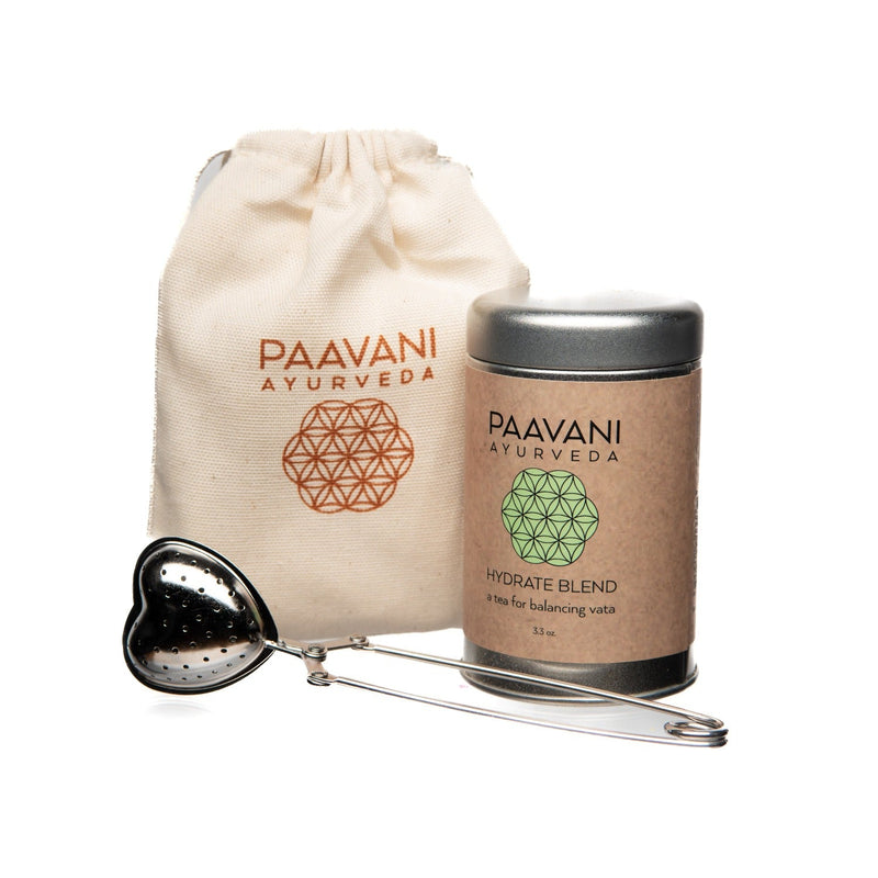 Paavani Ayurveda Your Herbal Tea Ritual | Organic Loose-Leaf Tea & Heart Infuser Gray Hydrate Blend / Tea Tin,Hydrate Blend / Compostable Refill,Cool & Calm Blend / Tea Tin,Cool & Calm Blend / Compostable Refill,Rooibos Chai Blend / Tea Tin,Rooibos Chai Blend / Compostable Refill,Bliss Blend / Tea Tin,Bliss Blend / Compostable Refill,Woman