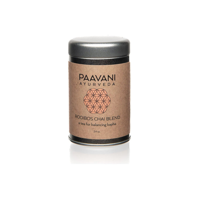 Paavani Ayurveda Rooibos Chai Blend | Ayurvedic Tea for Kapha Balance simple Rosy Brown Tea Tin,Compostable Refill