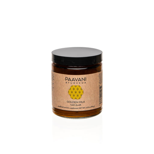 Paavani Ayurveda Golden Milk | Ayurvedic Turmeric Latte Blend with Ashwagandha & Shatavari simple Rosy Brown Glass Jar,Compostable Refill