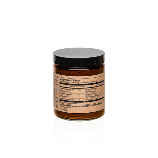 Paavani Ayurveda Golden Milk | Ayurvedic Turmeric Latte Blend with Ashwagandha & Shatavari simple Rosy Brown Glass Jar,Compostable Refill