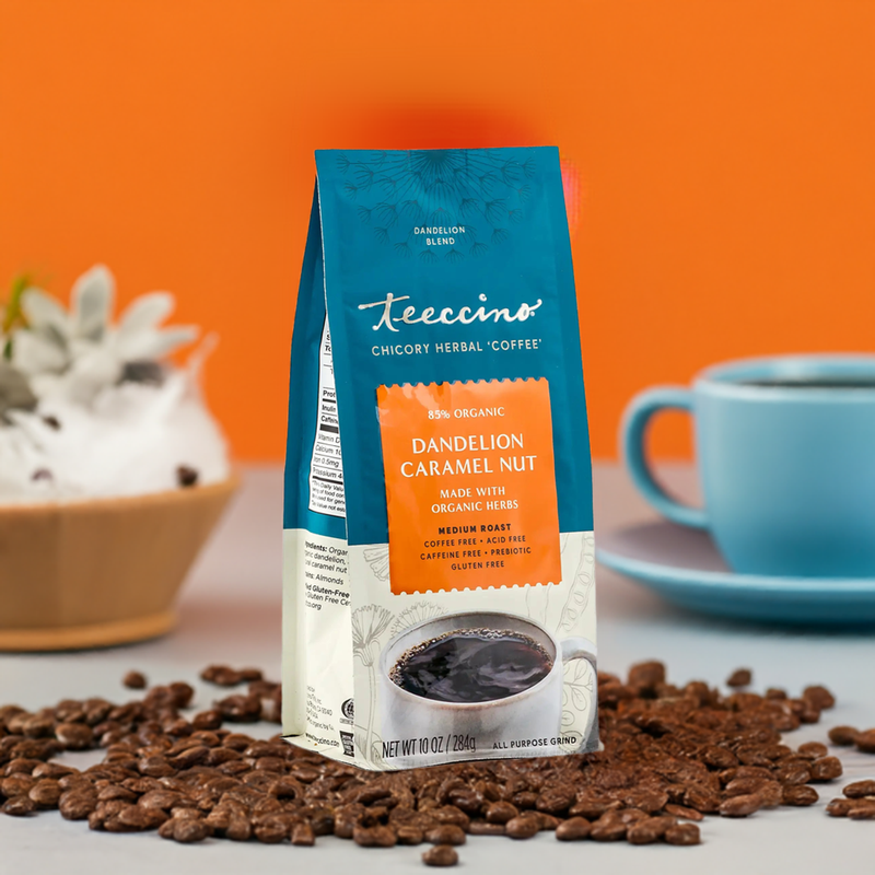 Teeccino Dandelion Caramel Nut Chicory Herbal Coffee Herbal Coffee Chocolate 10 ounce ground,500g ground,5lb ground,Trial Size