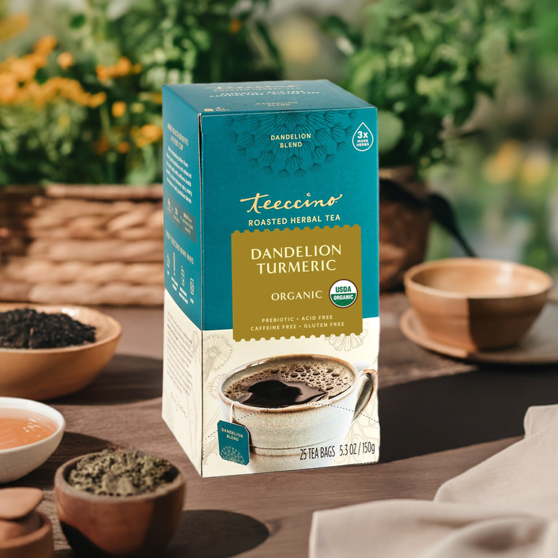 Teeccino Dandelion Turmeric Roasted Herbal Tea Herbal Tea Dim Gray 25 tea bags,10 tea bags