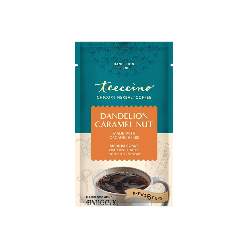 Teeccino Dandelion Caramel Nut Chicory Herbal Coffee Herbal Coffee Dark Cyan Trial Size