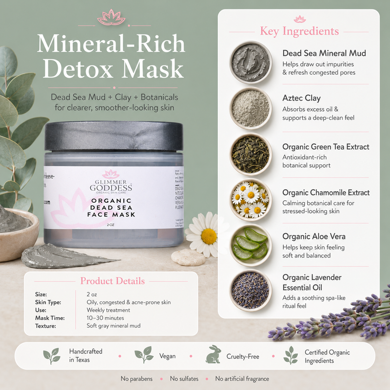 Glimmer Goddess® Organic Skin Care Organic Dead Sea Mud Mask – Exfoliate & Rejuvenate Masks & Peels White Smoke 2 oz,4 oz
