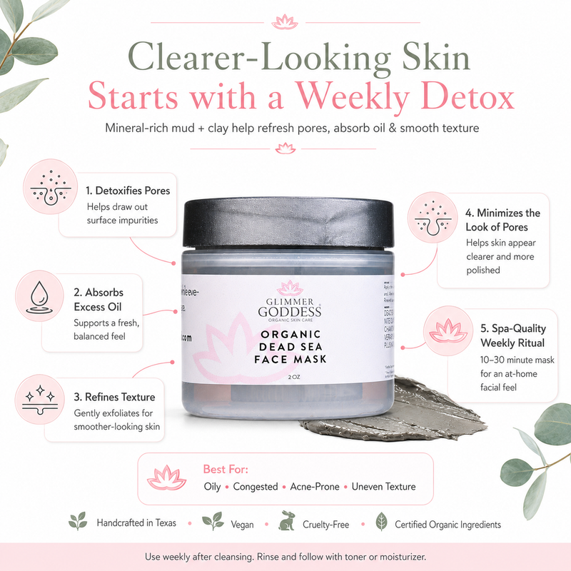 Glimmer Goddess® Organic Skin Care Organic Dead Sea Mud Mask – Exfoliate & Rejuvenate Masks & Peels White Smoke 2 oz,4 oz