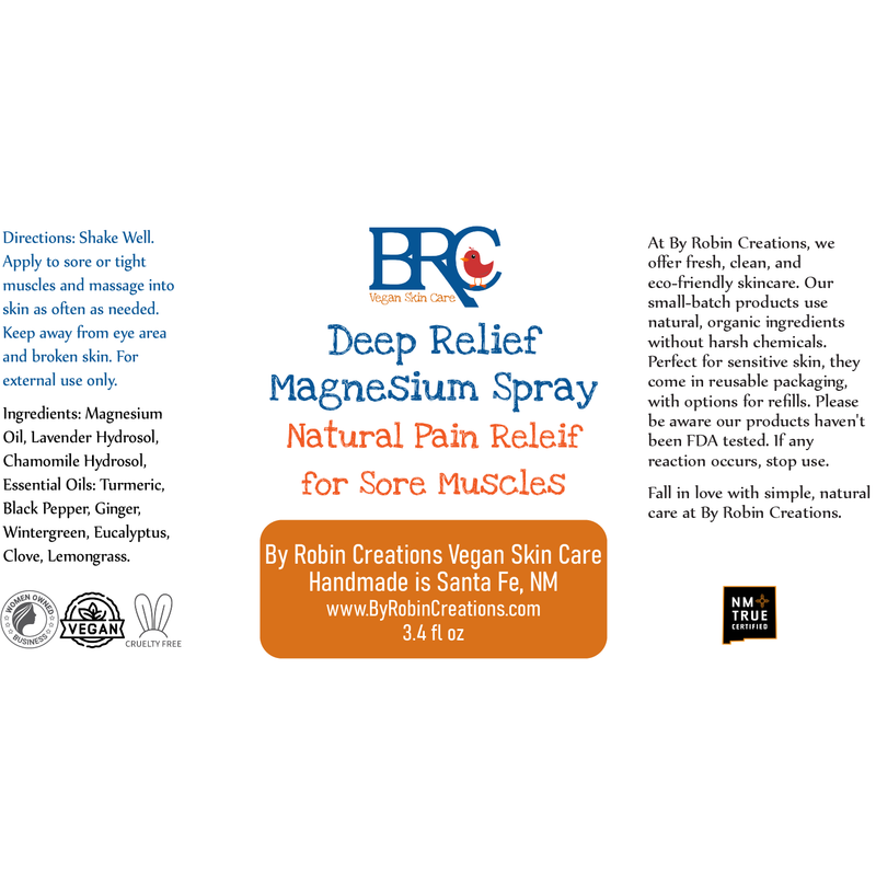 By Robin Creations Deep Relief Magnesium Spray for Sore Muscles Skin Care White Smoke 3.4oz Glass Bottle,8oz Biodegradable Bottle,10oz Plastic Flairosol Bottle,8.5oz Refill Pouch