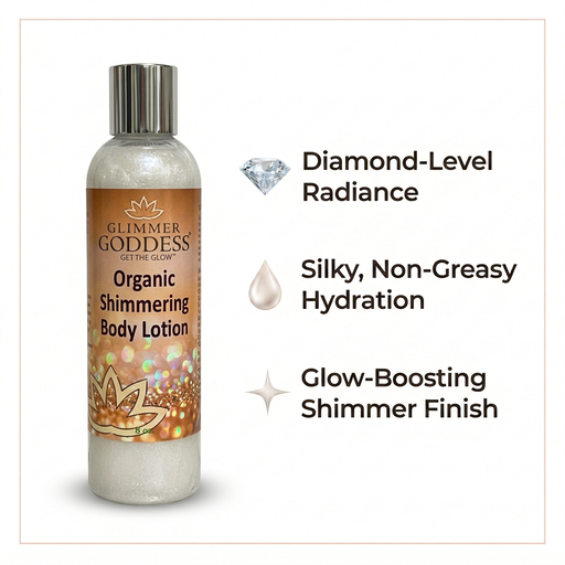 Glimmer Goddess® Organic Skin Care Organic Diamond Shimmer Body Lotion – Buildable Luminous Glow Shimmer White Smoke 8 oz. / Sexy Level 2,8 oz. / Super Level 3,4 oz. / Sexy Level 2,4 oz. / Super Level 3