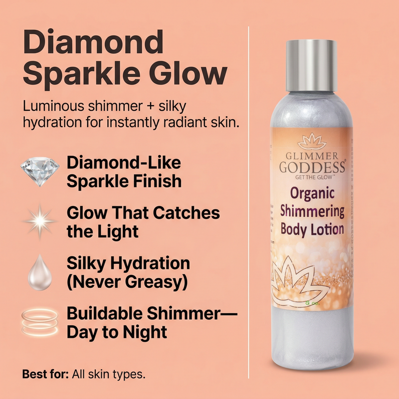 Glimmer Goddess® Organic Skin Care Organic Diamond Shimmer Body Lotion – Buildable Luminous Glow Shimmer Light Salmon 8 oz. / Sexy Level 2,8 oz. / Super Level 3,4 oz. / Sexy Level 2,4 oz. / Super Level 3