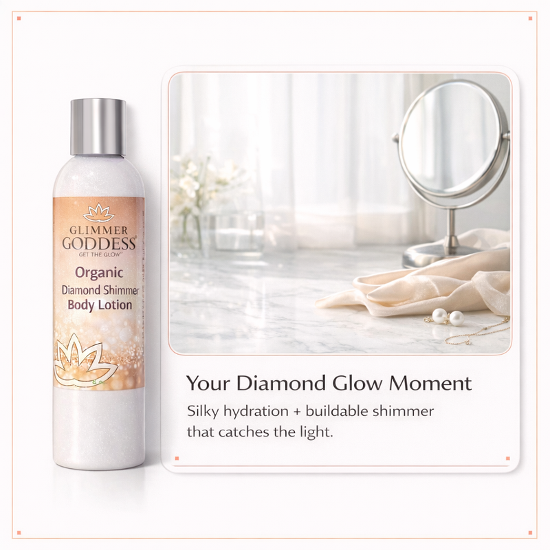 Glimmer Goddess® Organic Skin Care Organic Diamond Shimmer Body Lotion – Buildable Luminous Glow Shimmer White Smoke 8 oz. / Sexy Level 2,8 oz. / Super Level 3,4 oz. / Sexy Level 2,4 oz. / Super Level 3