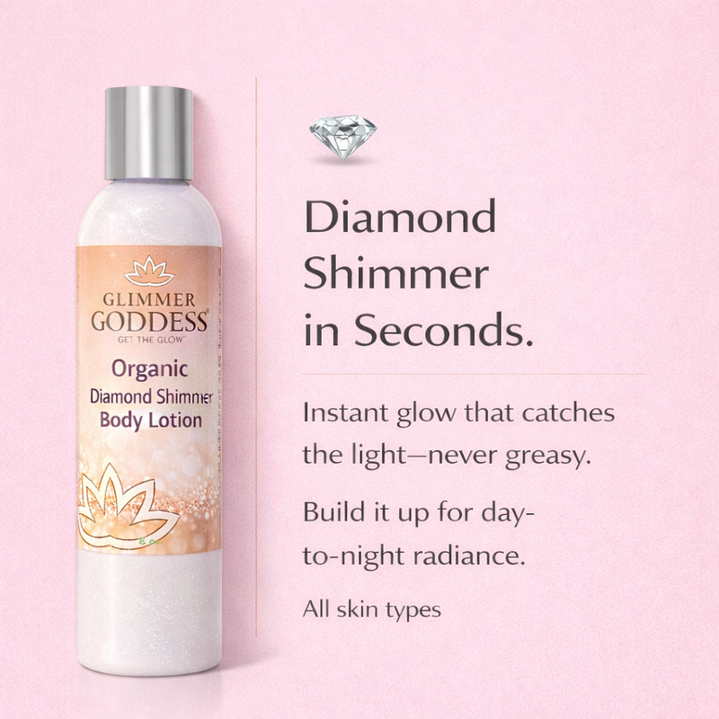Glimmer Goddess® Organic Skin Care Organic Diamond Shimmer Body Lotion – Buildable Luminous Glow Shimmer Misty Rose 8 oz. / Sexy Level 2,8 oz. / Super Level 3,4 oz. / Sexy Level 2,4 oz. / Super Level 3