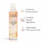 Glimmer Goddess® Organic Skin Care Organic Shimmer Body Oil for a Soft, Non-Greasy Body Glow Shimmer White Smoke Diamonds & Pearls — Best for a soft champagne highlight on all skin tones