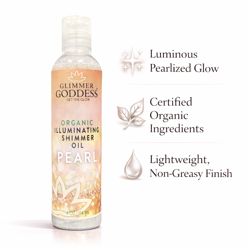 Glimmer Goddess® Organic Skin Care Organic Shimmer Body Oil for a Soft, Non-Greasy Body Glow Shimmer White Smoke Diamonds & Pearls — Best for a soft champagne highlight on all skin tones