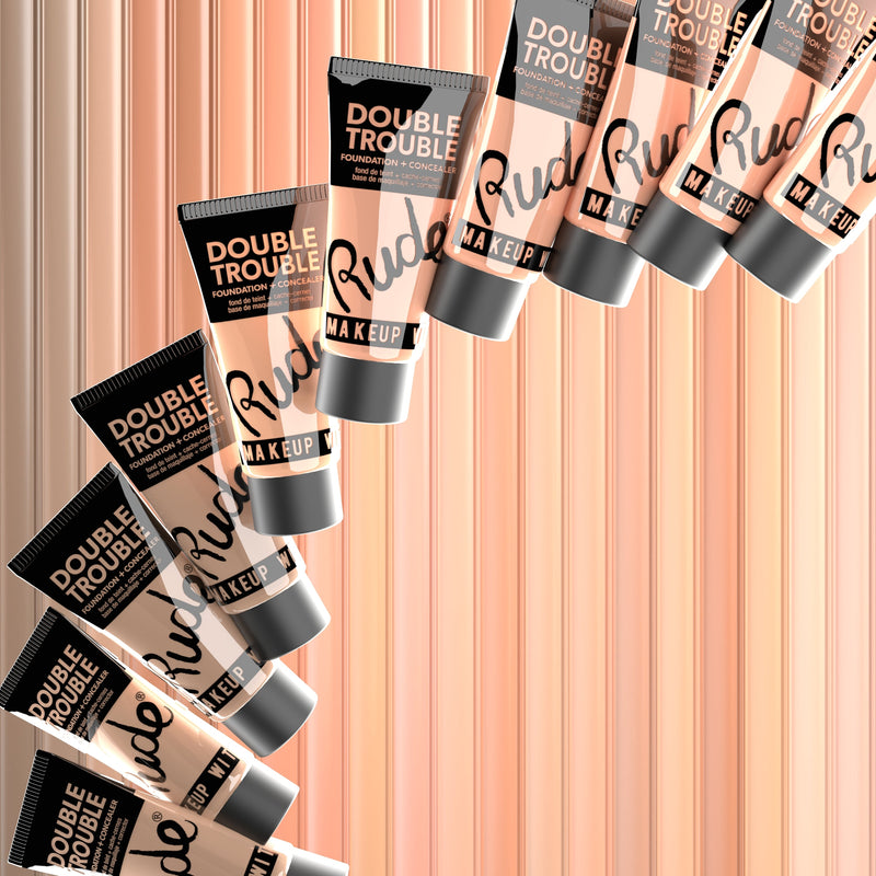 Rude Cosmetics Double Trouble Foundation and Concealer Foundation Tan Silk 01,Cotton 02,Cream 05,Vanilla 07,Nude 10,Ivory 03,Fair 04,Natural 06,Linen 08,Warm Natural 09,Wheat 11,Tan 12,Caramel 13,Hazel 14,Suede 15,Cocoa 16,Desert 17,Brown Sugar 18,Walnut 19,Espresso 20