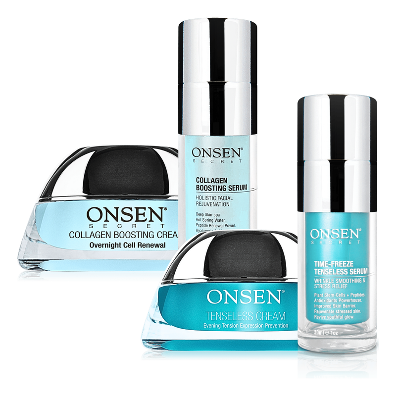 Onsen Secret Double Shift Facial Routine Skin Care Sets Lavender 30ml Collagen Boosting Serum + 30ml Time-Freeze Tenseless Serum + 50ml Collagen Boosting Cream + 50ml Tenseless Night Cream