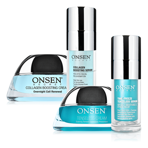 Onsen Secret Double Shift Facial Routine Skin Care Sets Lavender 30ml Collagen Boosting Serum + 30ml Time-Freeze Tenseless Serum + 50ml Collagen Boosting Cream + 50ml Tenseless Night Cream
