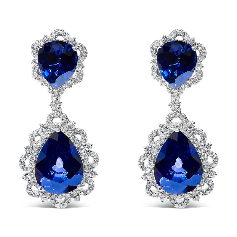 Bids.com 18K White Gold Blue Sapphire and Diamond 2.00 Cttw Diamond Halo Drop and Dangle Earring (G-H Color, SI1-SI2 Clarity) Earrings White Smoke White.Gold / 2.07