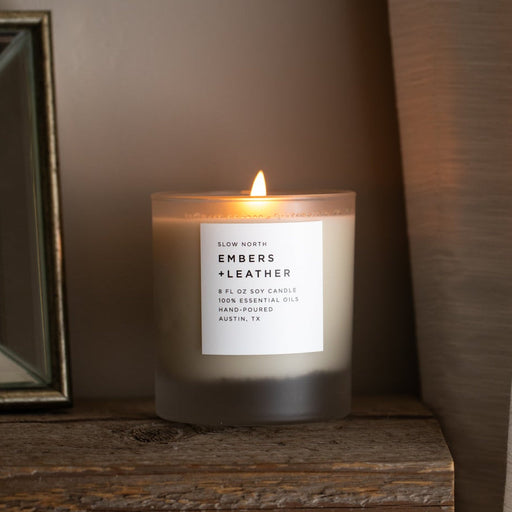 Slow North Embers + Leather - Signature Candle (Vetiver + Cedar + Patchouli) Frosted Candles Dark Olive Green