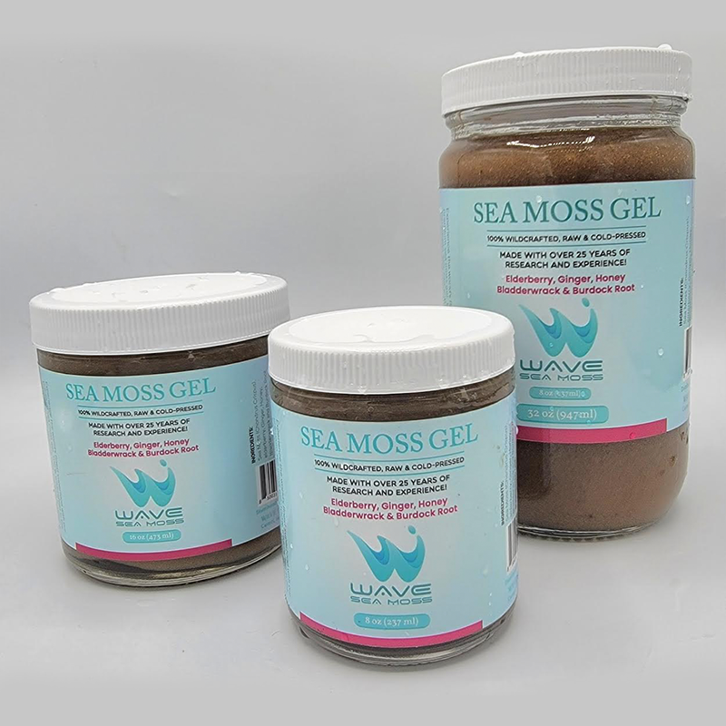 Ocean's Garden Gel WAVE Premium Sea Moss with Bladderwrack, Burdock root, and Elderberry, Ginger, and Honey (Case) Organic Health Gray 8oz,16oz,32oz