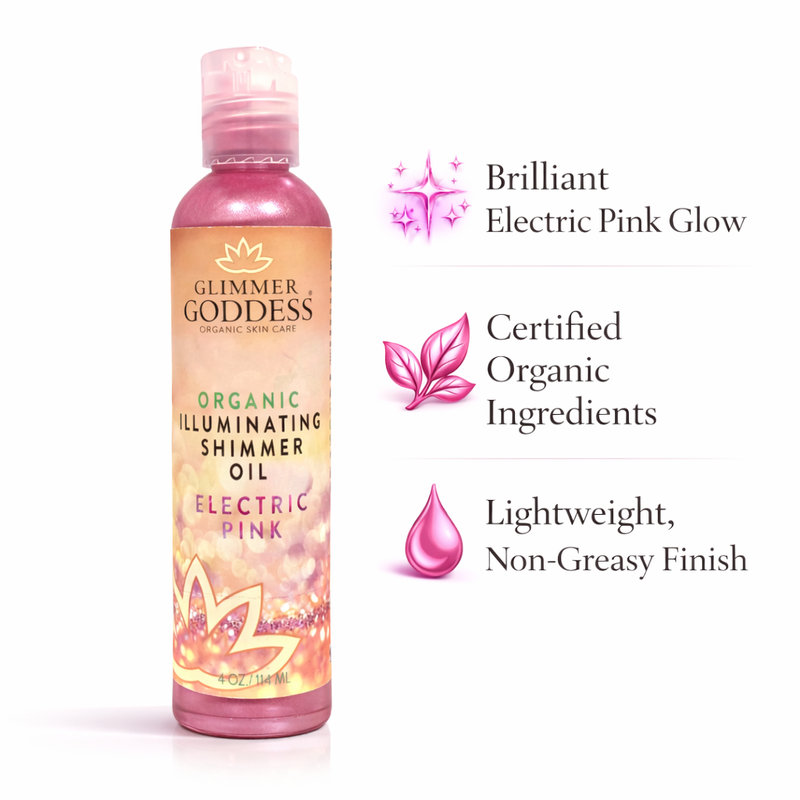 Glimmer Goddess® Organic Skin Care Organic Shimmer Body Oil for a Soft, Non-Greasy Body Glow Shimmer White Smoke Electric Pink — Best for playful pink glow, events, and festivals