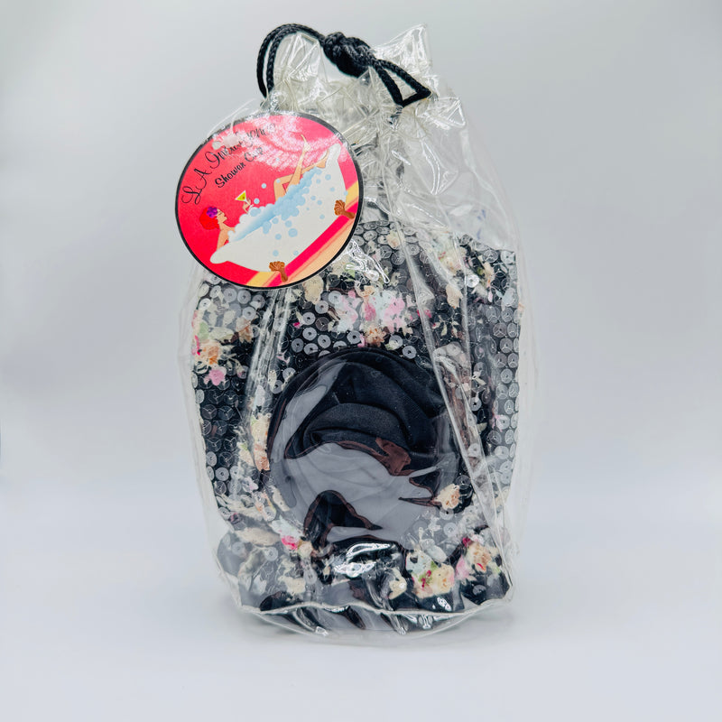 LA Indulgence LA Indulgence Reusable Shower Cap Black with Flowers Bath & Body Gray