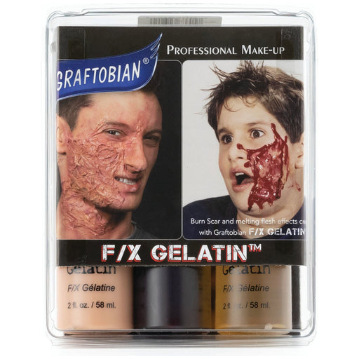 Graftobian Make-Up Company F-X Gelatin™ Special Effects Gel Gray Blood Red,Mucous Clear,Light Flesh,3-Colors with Instructions: Blood Red - Mucous Clear - Light Flesh