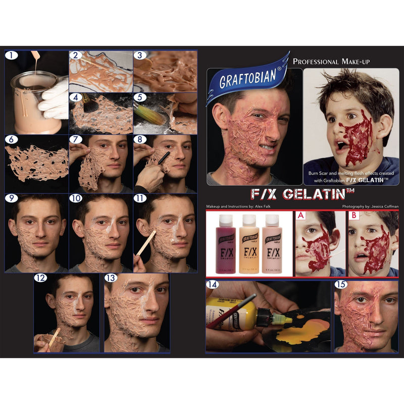 Graftobian Make-Up Company F-X Gelatin™ Special Effects Gel Tan Blood Red,Mucous Clear,Light Flesh,3-Colors with Instructions: Blood Red - Mucous Clear - Light Flesh
