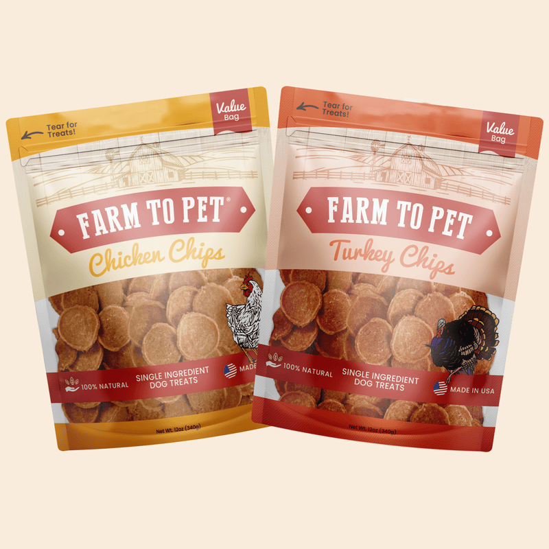 Farm To Pet Turkey & Chicken Chip Dog Treat Duo | Single-Ingredient Poultry Treats for Dogs Chip Antique White Value 12oz Bundle