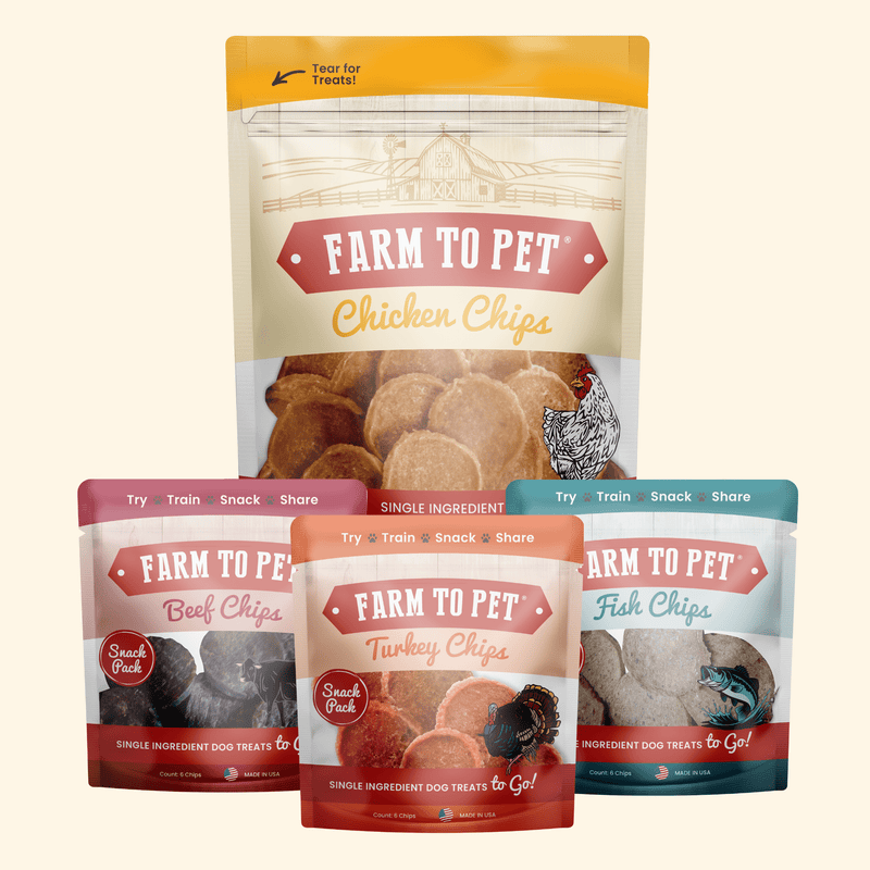 Farm To Pet Puppy Packs 'n Snacks Dog Treat Starter Pack | Single-Ingredient Training Treats Bundle Seashell Chicken 4oz + 1 Beef & 1 Turkey & 1 Fish Snack Pack